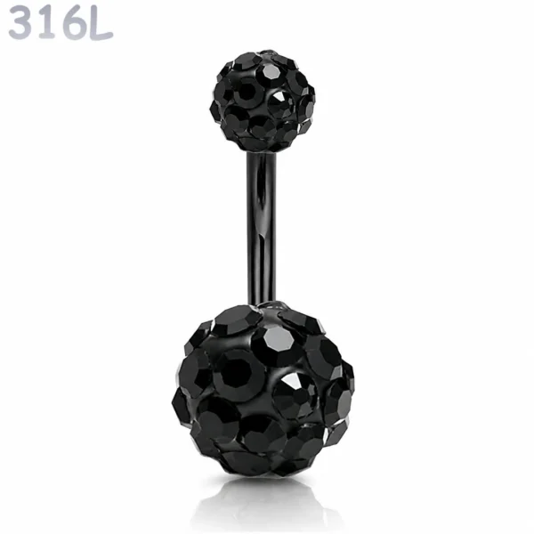 Piercing Nombril Banane Billes Pavées de Zirconiums Noirs.