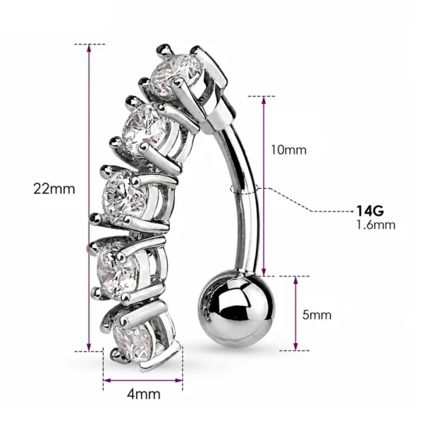 Piercing Nombril Banane Inversée à 5 Zirconiums (dimensions) Piercing Nombril Banane Inversée à 5 Zirconiums (dimensions).