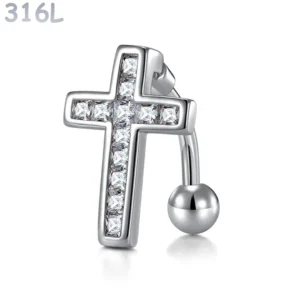 Piercing Nombril Banane Inversée à Croix Pavée Zirconiums.