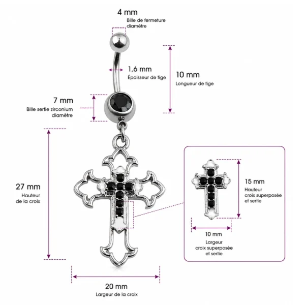Piercing Nombril Croix Gothique Ajourée & Zirconiums Noirs (dimensions) Piercing Nombril Croix Gothique Ajourée & Zirconiums Noirs (dimensions).