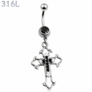 Piercing Nombril Croix Gothique Ornementale & Zircons Noirs.