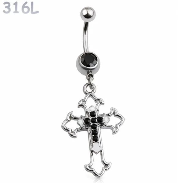 Piercing Nombril Croix Gothique Ornementale & Zircons Noirs.