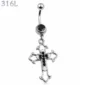 Piercing Nombril Croix Gothique Ornementale & Zircons Noirs.