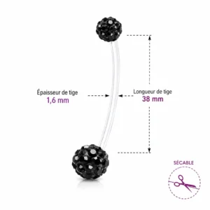 Piercing Nombril Grossesse Bioflex Pavage Zircons Noirs (dimensions).