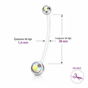 Piercing Nombril Grossesse Bioflex Zirconiums Facettés (dimensions).