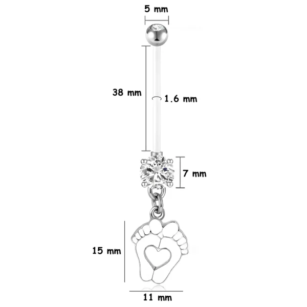 Piercing Nombril Grossesse à Pendentif Pieds de Bébé (dimensions).