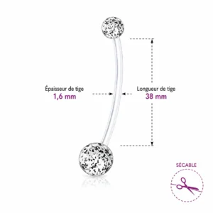 Piercing Nombril Grossesse en Bioflex Billes Pailletées (dimensions).