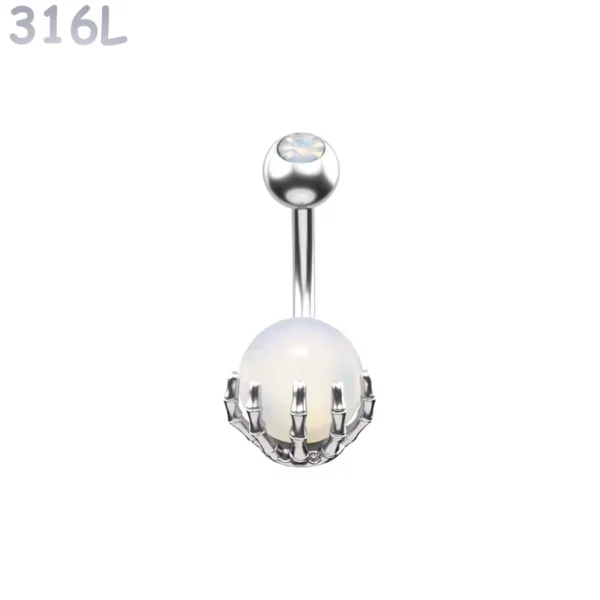 Piercing Nombril Sphère Blanche Sertie d’une Main Squelettique Acier 316L Piercing Nombril Sphère Blanche Sertie d’une Main Squelettique Acier 316L.