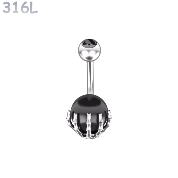 Piercing Nombril Sphère Noire Sertie d’une Main Squelettique Acier 316L Piercing Nombril Sphère Noire Sertie d’une Main Squelettique Acier 316L.