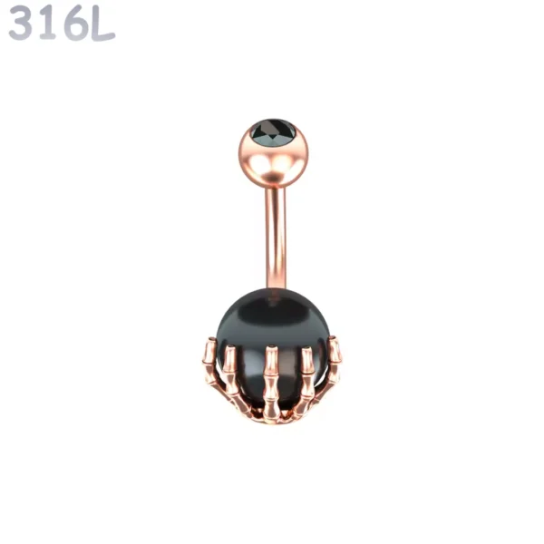 Piercing Nombril Sphère Noire Sertie d’une Main Squelettique Acier 316L Or Rose PVD Piercing Nombril Sphère Noire Sertie d’une Main Squelettique Acier 316L Or Rose PVD.