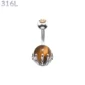 Piercing Nombril Sphère Œil de Tigre Sertie d’une Main Squelettique Acier 316L.