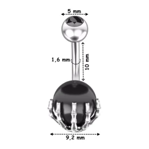 Piercing Nombril Sphère Sertie d’une Main Squelettique (dimensions).