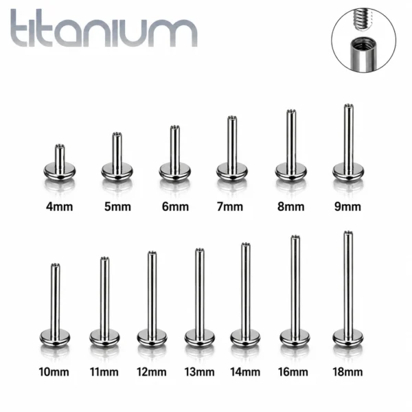 Tige Piercing Labret Titane ASTM-F136 16G à Filetage Interne.