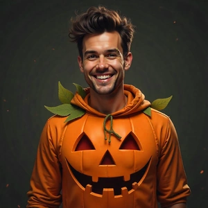 Homme avec Piercings et Déguisement Citrouille Halloween.