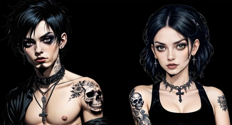 Un homme et une femme au style gothique qui arborent des piercings.