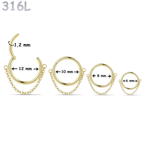 Piercing Anneau Clicker Chaîne Pendante Acier Chirurgical 316L Doré PVD Piercing Anneau Clicker Chaîne Pendante Acier Chirurgical 316L Doré PVD.