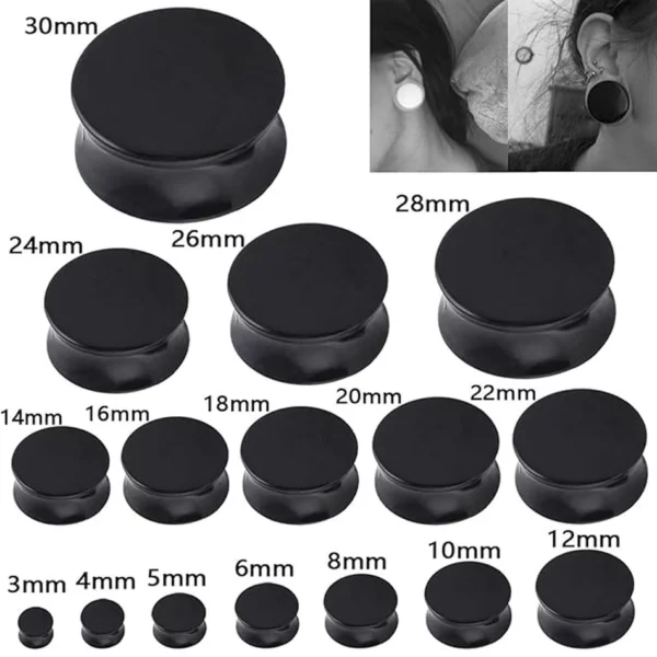 Toutes les tailles disponibles visuellement des écarteurs de type plug en acrylique.