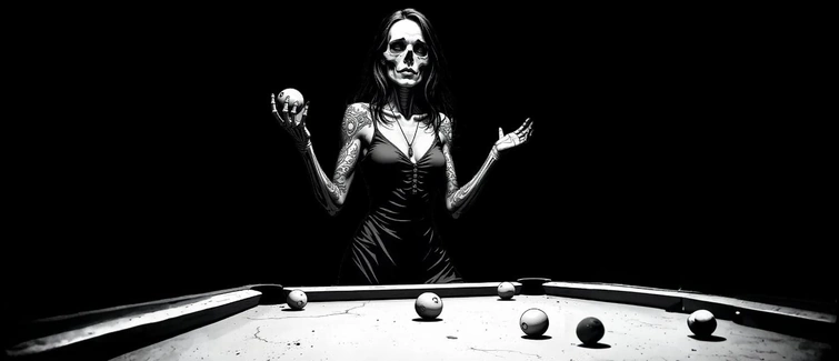 Une femme gothique qui joue au billard avec des boules de remplacement pour piercings.