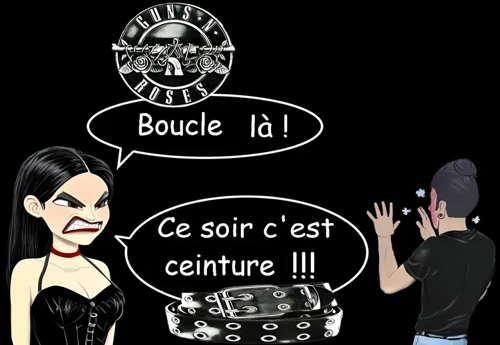 Une femme gothique qui dispute son mari, ses propos sont présentés sous forme de rébus qui reprend une boucle de ceinture et une ceinture gothique.