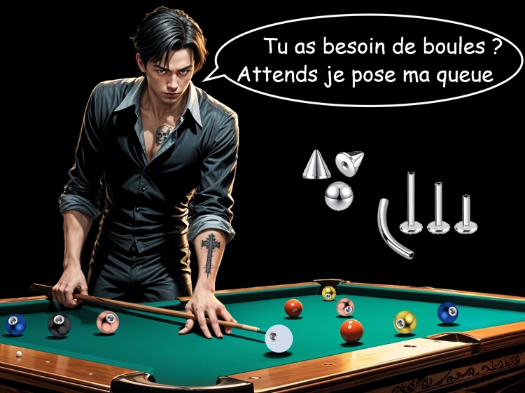 Un homme au style gothique qui joue au billard avec des boules de piercings de remplacement.