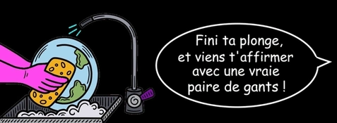 Quelqu'un qui fait la vaisselle avec des gants mapa. Le texte dans le bulle incite à utiliser des vrais gants gothiques.