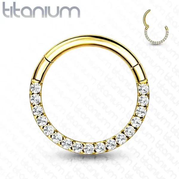 Anneau Charnière Titane ASTM-F136 Anodisé Doré à Arc Pavé de Zirconiums 6-12 mm Anneau Charnière Titane ASTM-F136 Anodisé Doré à Arc Pavé de Zirconiums 6-12 mm.