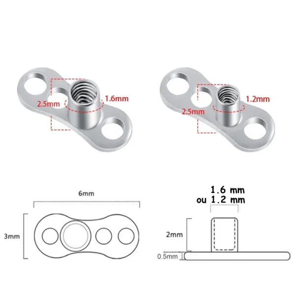 Base Microdermale 3 Trous Titane ASTM-F136 Tige 1.6 mm ou 1.2 mm à Filetage Interne Base Microdermale 3 Trous Titane ASTM-F136 Tige 1.6 mm ou 1.2 mm à Filetage Interne.