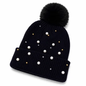 Bonnet Noir à Pompon Orné de Perles.