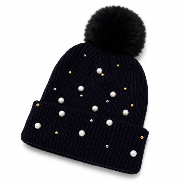 Bonnet Noir à Pompon Orné de Perles.