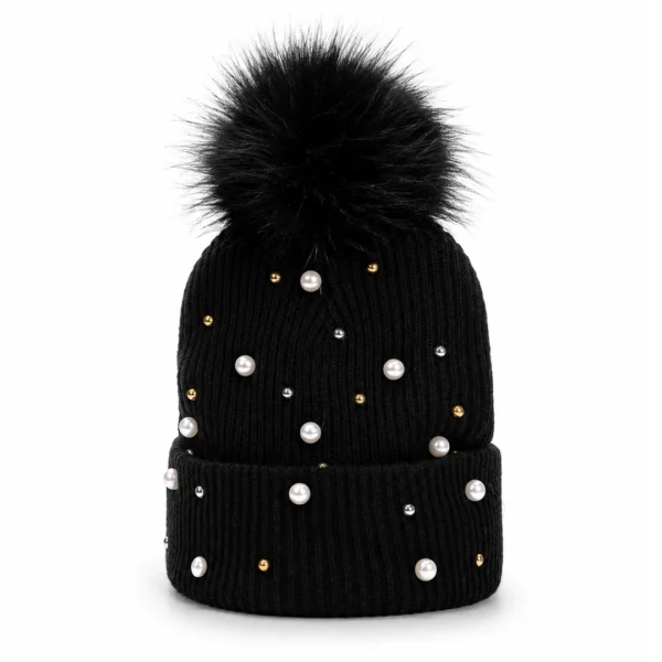 Bonnet Thermique Noir à Pompon Orné de Perles Bonnet Thermique Noir à Pompon Orné de Perles.