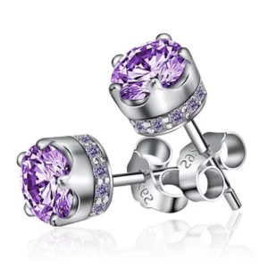 Boucles d'Oreilles Clous avec Zircon Violet d'Inspiration Améthyste.