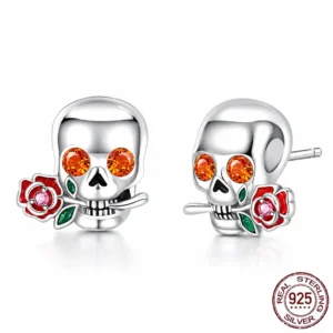 Boucles d'Oreilles Tête de Mort Florale en Argent 925.