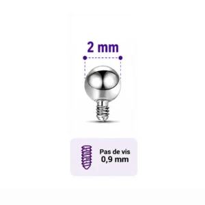 Embout Piercing Bille 2 mm en Titane Pas de Vis 0,9 mm.