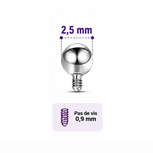 Embout Piercing Bille 2,5 mm en Titane Pas de Vis 0,9 mm Embout Piercing Bille 2,5 mm en Titane Pas de Vis 0,9 mm.
