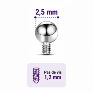 Embout Piercing Bille 2,5 mm en Titane Pas de Vis 1,2 mm.