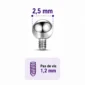 Embout Piercing Bille 2,5 mm en Titane Pas de Vis 1,2 mm.