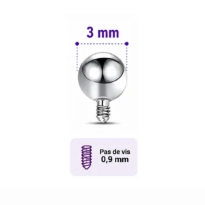 Embout Piercing Bille 3 mm en Titane Pas de Vis 0,9 mm.