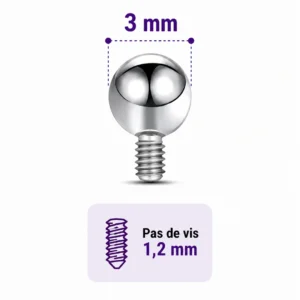 Embout Piercing Bille 3 mm en Titane Pas de Vis 1,2 mm.