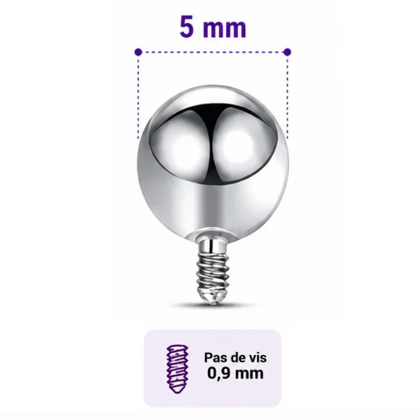 Embout Piercing Bille 5 mm en Titane Pas de Vis 0,9 mm Embout Piercing Bille 5 mm en Titane Pas de Vis 0,9 mm.