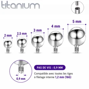 .Embout Piercing Bille en Titane Pas de Vis 0,9 mm