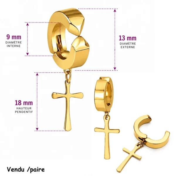 Faux Piercing Clip Oreille avec Croix Gothique Acier Inoxydable Doré PVD Faux Piercing Clip Oreille avec Croix Gothique Acier Inoxydable Doré PVD.