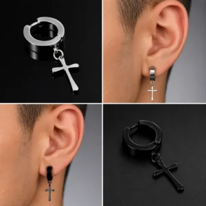 Faux Piercing Clip avec Croix Gothique sur Lobe d'Oreille Homme.
