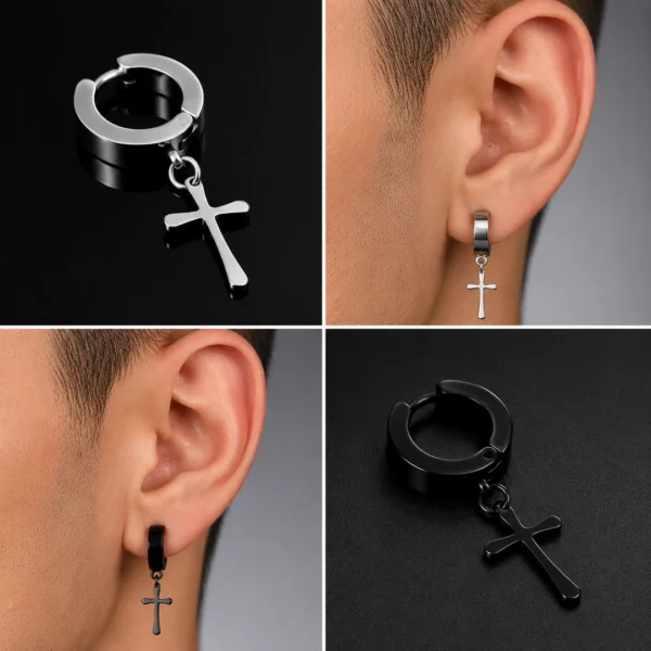 Faux Piercing Clip avec Croix Gothique sur Lobe d'Oreille Homme Faux Piercing Clip avec Croix Gothique sur Lobe d'Oreille Homme.