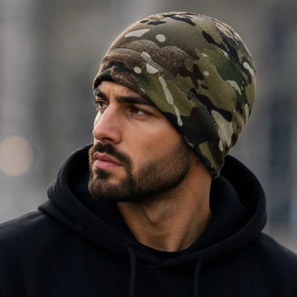 Homme avec Bonnet Thermique Camouflage Militaire Homme avec Bonnet Thermique Camouflage Militaire.