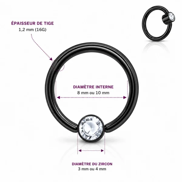 Piercing Anneau CBR Titane Anodisé Noir à Zirconium Serti Clos Piercing Anneau CBR Titane Anodisé Noir à Zirconium Serti Clos
