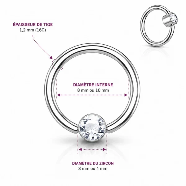 Piercing Anneau CBR Titane Poli à Zirconium Serti Clos Piercing Anneau CBR Titane Poli à Zirconium Serti Clos