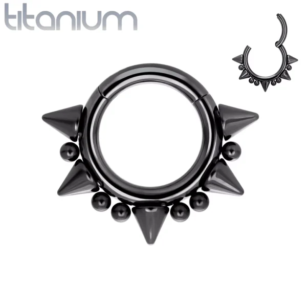 Piercing Anneau Clicker Perles & Pointes Radiales en Titane Anodisé Noir Piercing Anneau Clicker Perles & Pointes Radiales en Titane Anodisé Noir.