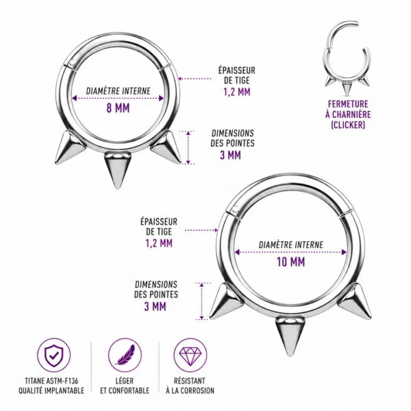 Piercing Anneau Clicker Triple Pointe en Titane (dimensions) Piercing Anneau Clicker Triple Pointe en Titane (dimensions).