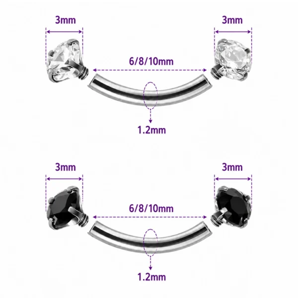 Piercing Banane Titane Double Zirconium Griffé (dimensions) Piercing Banane Titane Double Zirconium Griffé (dimensions).