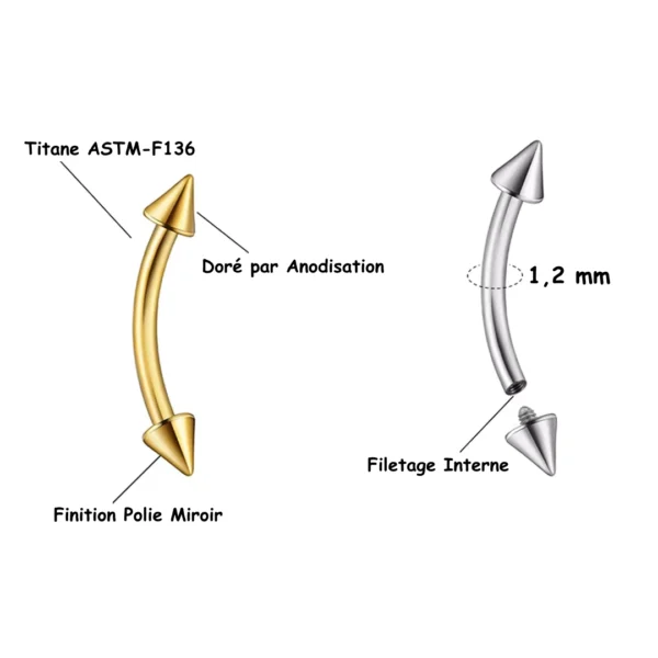 Piercing Banane à Pointes (Spikes) en Titane Brut ou Anodisé Doré avec Filetage Interne - Arcade & Rook (Cartilage) Piercing Banane à Pointes (Spikes) en Titane Brut ou Anodisé Doré avec Filetage Interne - Arcade & Rook (Cartilage).